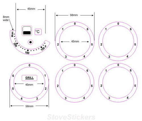 BUNDLE STICKER SET - 4 HOB/COOKER TOP RINGS (45MM INNER DIAMETER) +GRILL RING + 100-200 TEMP DIAL