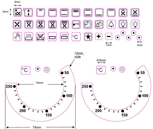 BUNDLE SET OF 36 OVEN-SYMBOLS STICKERS + PAIR OF OVEN DIAL TEMPERATURE STICKERS