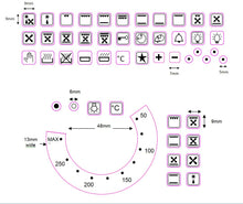 Load image into Gallery viewer, BUNDLE SET OF REPLACEMENT OVEN TEMPERATURE STICKER 50-250 + 49 ASSORTED OVEN SYMBOLS
