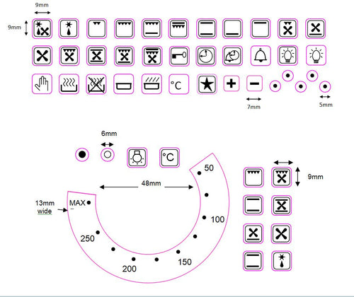 BUNDLE SET OF REPLACEMENT OVEN TEMPERATURE STICKER 50-250 + 49 ASSORTED OVEN SYMBOLS
