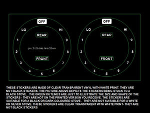 American style cooktop sticker decals. Consisting of 2 dials with OFF at the top and LO 1-2-3-4-5-6-7-8-9 HI in an anti clockwise direction