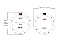 Load image into Gallery viewer, American style cooktop sticker decals. Consisting of 2 dials with OFF at the top and LO 1-2-3-4-5-6-7-8-9 HI in an anti clockwise direction