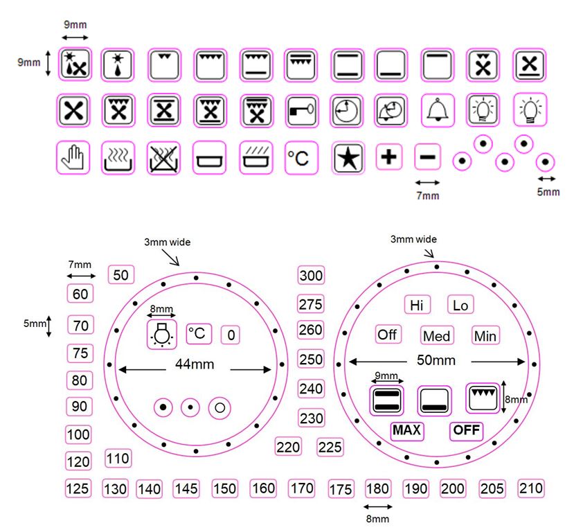 BUNDLE SET - SEPARATE REPLACEMENT OVEN TEMPERATURE NUMBERS AND 36 OVEN SYMBOL STICKERS DECALS