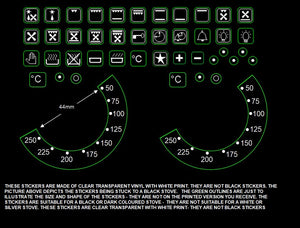 BUNDLE STICKER SET - 36 OVEN SYMBOLS + 2 OVEN TEMPERATURE STICKERS 50-250 WITH 44MM INNER DIAMETER