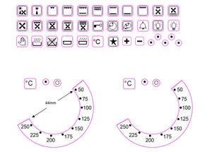 BUNDLE STICKER SET - 36 OVEN SYMBOLS + 2 OVEN TEMPERATURE STICKERS 50-250 WITH 44MM INNER DIAMETER