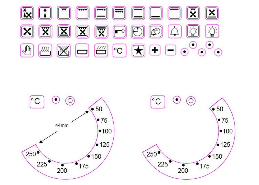 BUNDLE STICKER SET - 36 OVEN SYMBOLS + 2 OVEN TEMPERATURE STICKERS 50-250 WITH 44MM INNER DIAMETER
