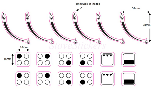 BUNDLE SET - DOUBLE SET OF 4 RING HOB BURNER INDICATOR STICKERS + SET OF 6 GAS FLAME HOB STICKERS