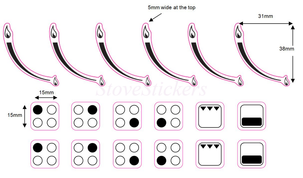 BUNDLE SET - DOUBLE SET OF 4 RING HOB BURNER INDICATOR STICKERS + SET OF 6 GAS FLAME HOB STICKERS