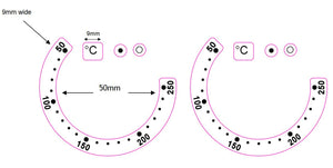 ANTI CLOCKWISE - PAIR OF OVEN TEMPERATURE DIALS WITH WRAP AROUND NUMBERS 250-200-150-100-50 IN AN ANTI-CLOCKWISE DIRECTION - NOT COMMON PLEASE CHECK