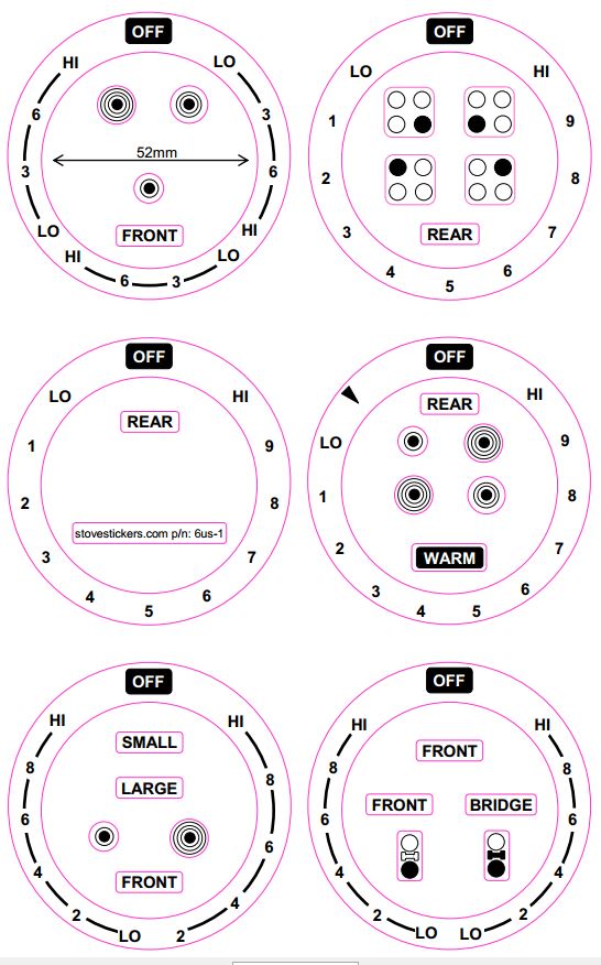 AMERICAN COOKER SET OF 6 DIALS + 4 RING COOKTOP STICKER MARKINGS