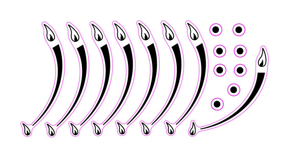 Set of 8 ANTI CLOCKWISE gas flame indicating hob stove top sticker decals plus 8 dots-  ANTI CLOCKWISE is NOT very common - please check your stove to ensure the flame gradient direction matches your markings