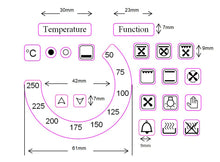 Load image into Gallery viewer, TEMPERATURE DIAL 50-250 WITH 18 OVEN SYMBOLS + &quot;TEMPERATURE&quot; AND &quot;FUNCTION&quot; STICKERS