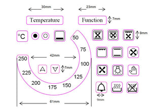 TEMPERATURE DIAL 50-250 WITH 18 OVEN SYMBOLS + "TEMPERATURE" AND "FUNCTION" STICKERS