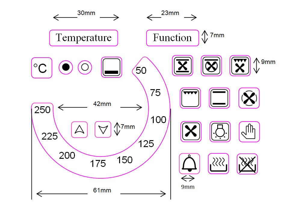 TEMPERATURE DIAL 50-250 WITH 18 OVEN SYMBOLS + 