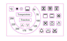 Load image into Gallery viewer, TEMPERATURE DIAL 50-250 WITH 18 OVEN SYMBOLS + &quot;TEMPERATURE&quot; AND &quot;FUNCTION&quot; STICKERS