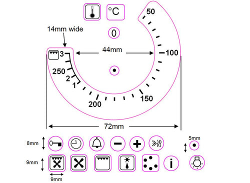 50-250 TEMPERATURE NUMBERS with grill markings + 44mm inner diameter and 18 OVEN SYMBOL STICKERS