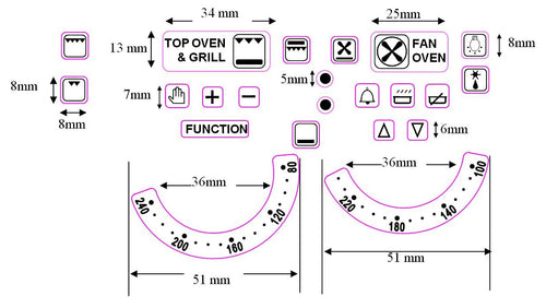 DUAL OVEN TEMPERATURE DIAL STICKERS with numbers 80-240 and 100-220 plus 20 OVEN SYMBOLS