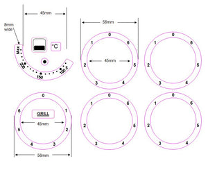 BUNDLE STICKER SET - 4 HOB/COOKER TOP RINGS (45MM INNER DIAMETER) +GRILL RING + 100-200 TEMP DIAL