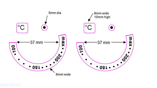 SMALL ANTI CLOCKWISE - PAIR OF OVEN TEMPERATURE DIALS WITH NUMBERS 200-150-100 IN AN ANTI-CLOCKWISE DIRECTION