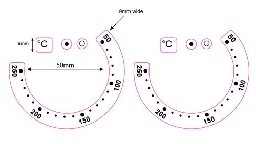 OVEN TEMPERATURE MARKINGS 50-250 (WITH WRAP AROUND NUMBERS AND DOTS)