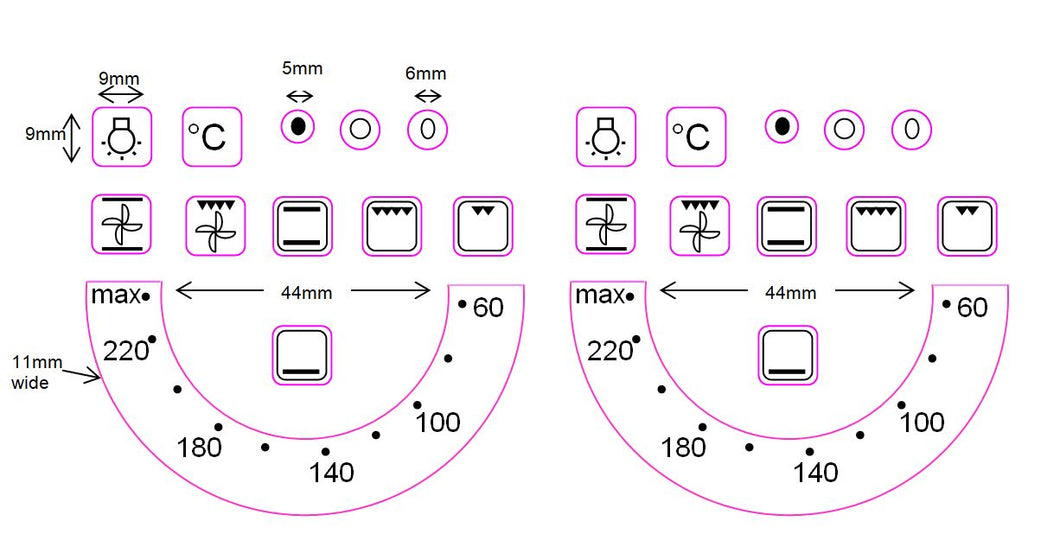 PAIR OF 60-220 OVEN TEMPERATURE MARKINGS WITH 22 SYMBOLS