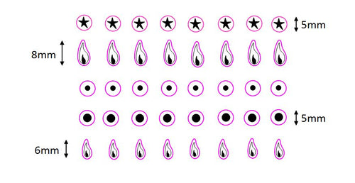 SET OF SMALL INDIVIDUAL COOKER TOP/HOB GAS FLAME STICKERS WITH ASSOCIATED STICKER SYMBOLS