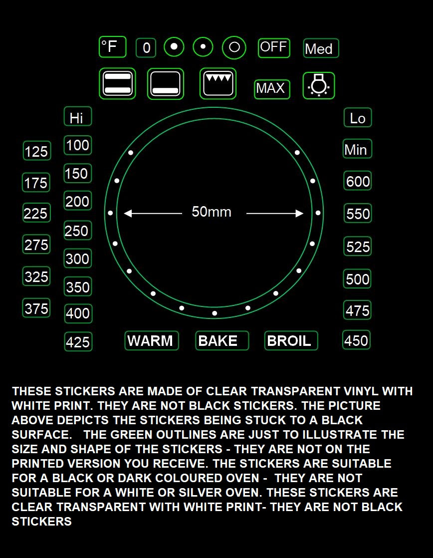 WHITE PRINT FAHRENHEIT TEMPERATURE OVEN MARKINGS – Stove Stickers