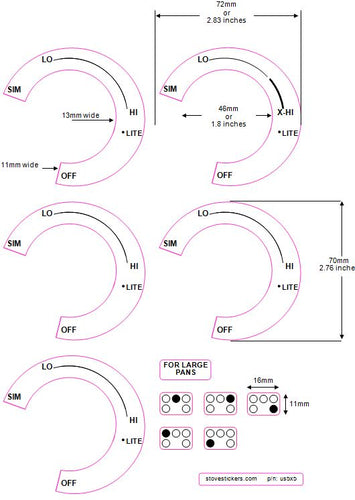 AMERICAN STYLE COOKTOP DECALS - CONSISTING OF 5 DIALS + 1 SET OF 5 RING COOKER TOP MARKINGS