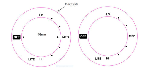 American style cooktop decals - consisting of 2 dials with left facing OFF and Lo- MED -Hi in a clockwise direction in BLACK print