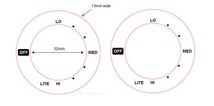 American style cooktop decals - consisting of 2 dials with left facing OFF and Lo- MED -Hi in a clockwise direction in BLACK print