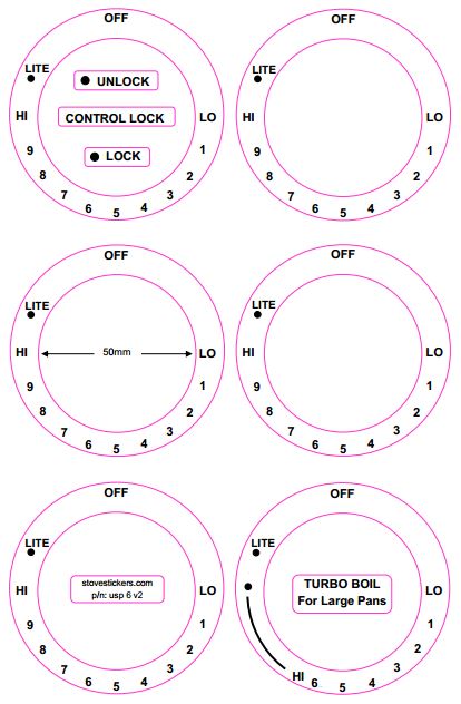 AMERICAN STYLE COOKTOP DECALS - CONSISTING OF 6 DIALS MARKED LO THRU HI IN A CLOCKWISE DIRECTION