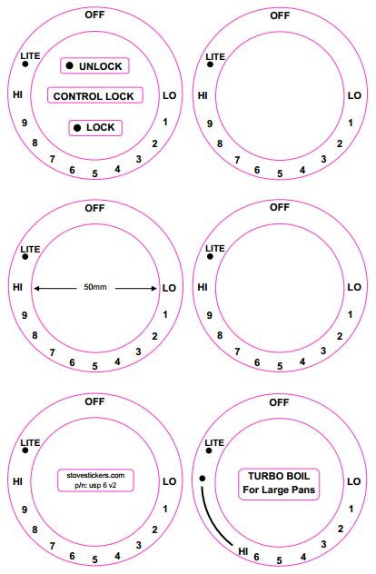 AMERICAN STYLE COOKTOP DECALS - CONSISTING OF 6 DIALS MARKED LO THRU HI IN A CLOCKWISE DIRECTION