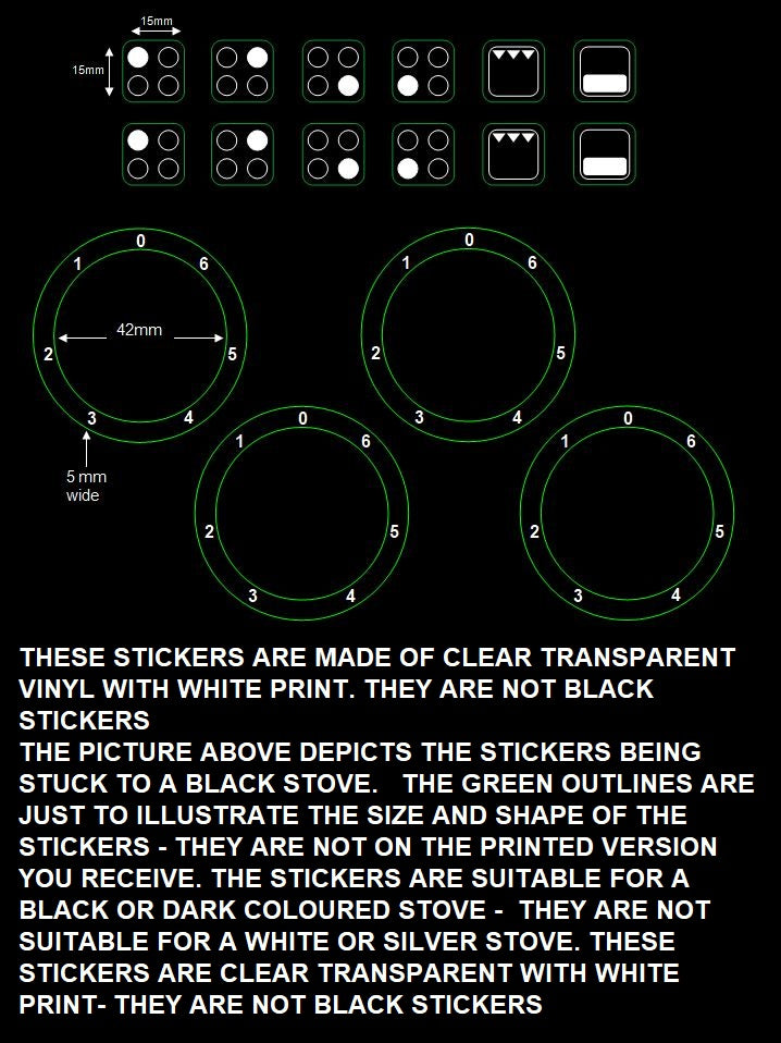 BUNDLE SET - 4 RING HOB COOKER TOP STICKERS DECALS + 0-6 ANTI CLOCKWIS ...